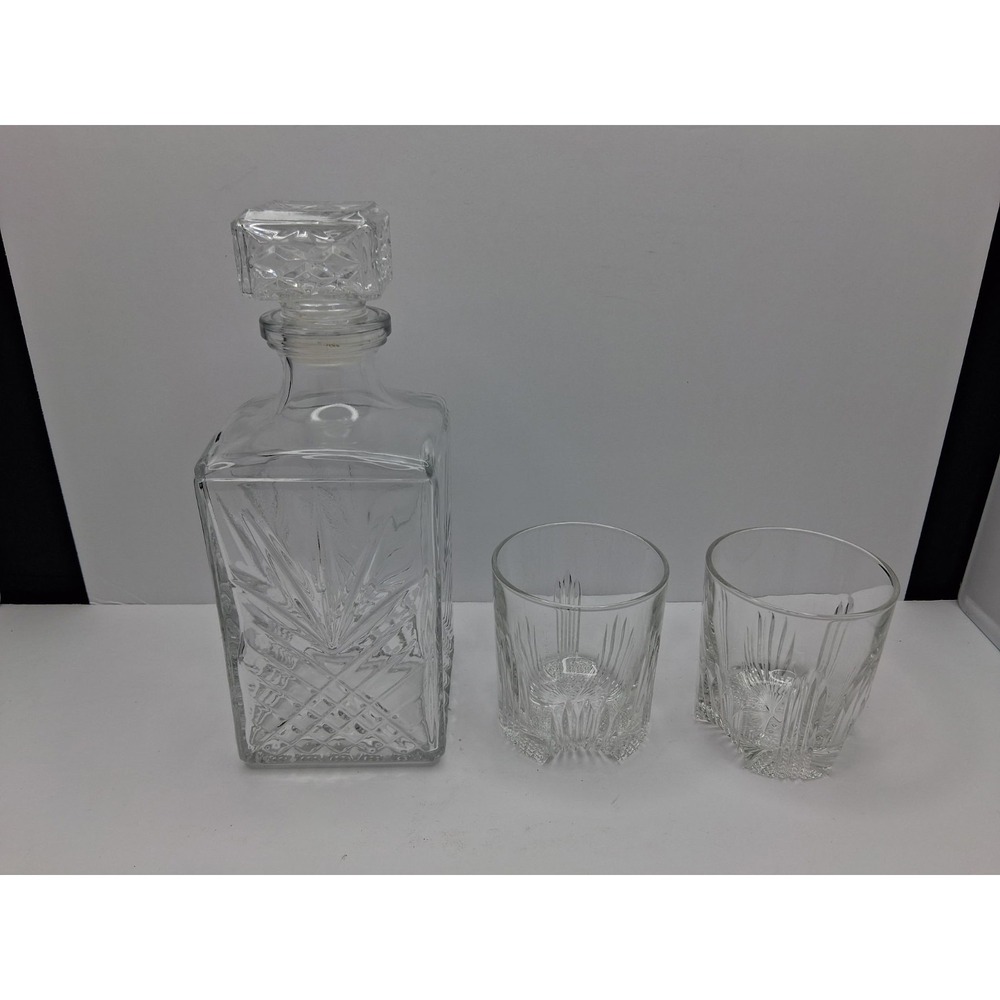 Vintage Cut Glass Liquor Decanter Set w Stopper & 2 Rocks Glasses Barware